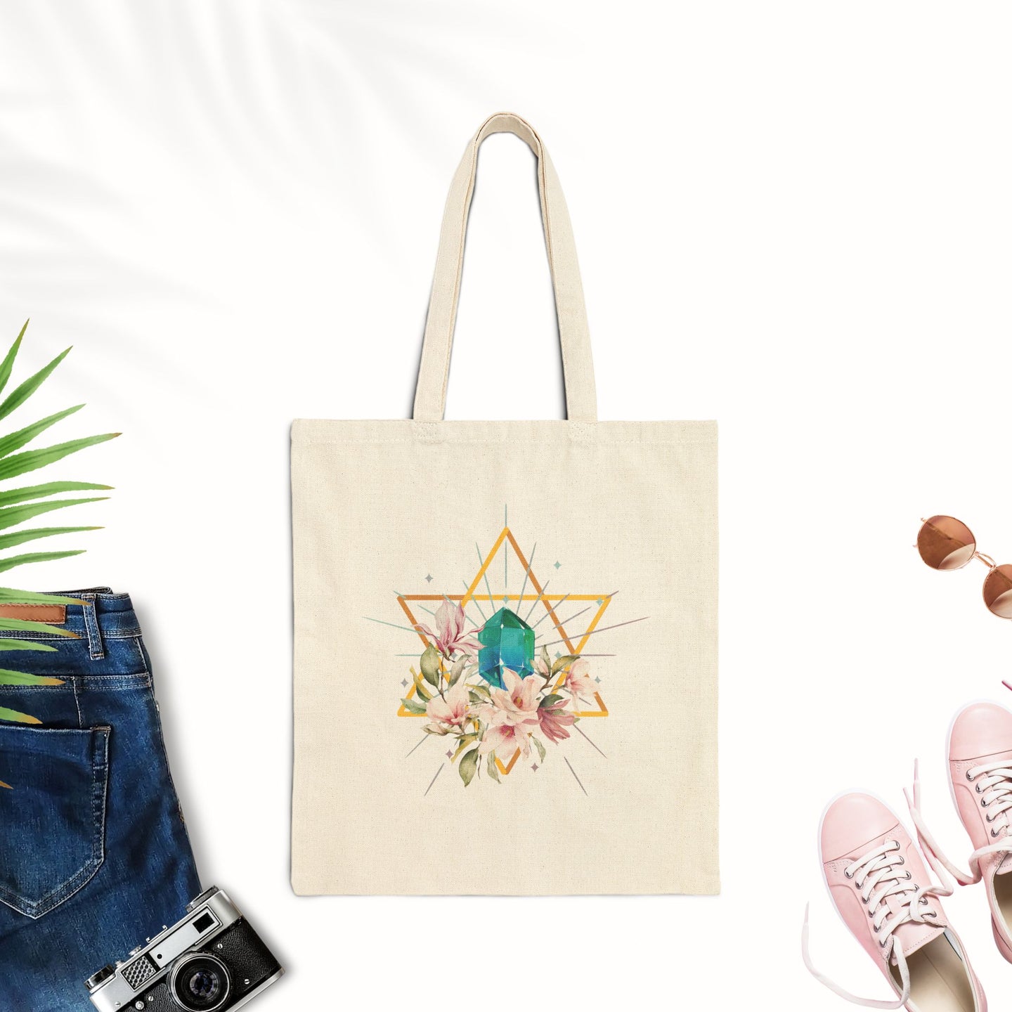 Merkaba Tote Bag Magnolia Flower Merkabah Icosahedron Yoga Bag Merkaba Gift Ideas Hexagon Body Mind Spirit Merkabah Mysticism Cotton Tote